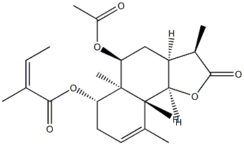 (Z)-2-Methyl-2-butenoic acid [(3R)-5α-acetoxy-2,3,3aβ,4,5,5a,6,7,9aα,9bβ-decahydro-3α,5aα,9-trimethyl-2-oxonaphtho[1,2-b]furan-6β-yl] ester Struktur