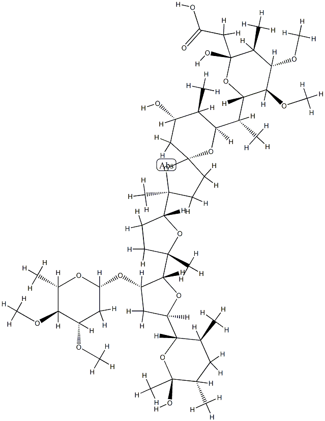 (3R,4S,5S,6R,7S,22S,28S)-23,27-Didemethoxy-2,6,11-O,22-tetrademethyl-22-[(3-O,4-O-dimethyl-2,6-dideoxy-β-L-arabino-hexopyranosyl)oxy]-6-methoxylonomycin A Struktur