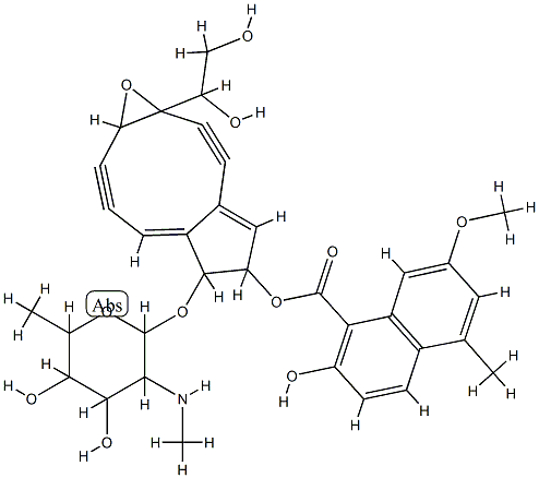 1-Naphthalenecarboxylic acid, 2-hydroxy-7-methoxy-5-methyl-, 2,3,8,9-t etradehydro-6-((2,6-dideoxy-2-(methylamino)-alpha-D-galactopyranosyl)o xy)-1a-(1,2-dihydroxyethyl)-1a,5,6,9a-tetrahydrocyclopenta(5,6)cyclono n(1,2-b)oxiren-5-yl ester Struktur