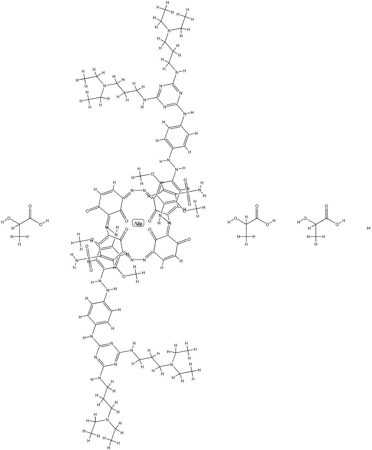 Ferrate(1-), bis[3-[[3-[[4-[[4-[[4,6-bis[[3-(diethylamino)propyl]amino]-1,3,5-triazin-2-yl]amino]phenyl]azo]-2,5-dimethoxyphenyl]azo]-2,4-dihydroxyphenyl]azo]-4-hydroxybenzenesulfonamidato(2-)]-, hydrogen, tris(2-hydroxypropanoate) (salt) Struktur