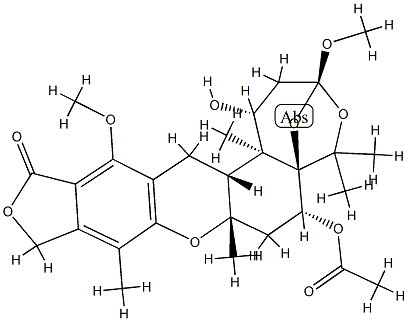 (1R)-6α-Acetyloxy-1,2,3,6,7,7a,10,14,14aβ,14b-decahydro-1α-hydroxy-3,13-dimethoxy-5,5,7aβ,9,14bα-pentamethyl-12H-3β,5aβ-epoxy-5H-furo[3,4-i]oxepino[4,3-a]xanthen-12-one Struktur