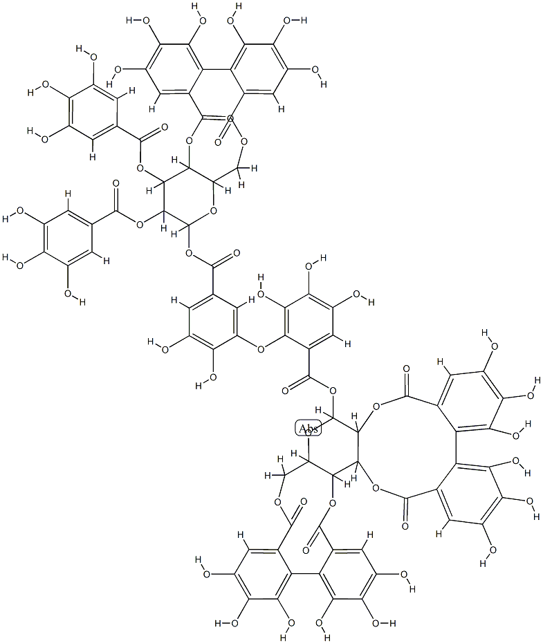 See R-D-Glucopyranose,cyclic 2,3:4,6-bis[(1S)-4,4',5,5',6,6'-hexahydroxy[1,1'- biphenyl]-2,2'-dicarboxylate] 1-[2-[5-[[[4,6-O-[[(1S)-4,4',5,5',6,6'- hexahydroxy[1,1'-biphenyl]-2,2'-diyl]- dicarbonyl]-2,3-bis-O-(3,4,5-trihydroxybenzoyl)- a-D-glucopyranosyl]oxy]carbonyl]-2,- 3-dihydroxyphenoxy]-3,4,5-trihydroxybenzoate] Struktur