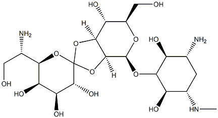 (+)-5-O-[2-O,3-O-[6-Amino-1,6-dideoxy-L-glycero-D-galacto-heptopyranose-1-ylidene]-β-D-manno-hexopyranosyl]-N'-methyl-2-deoxy-D-streptamine Struktur