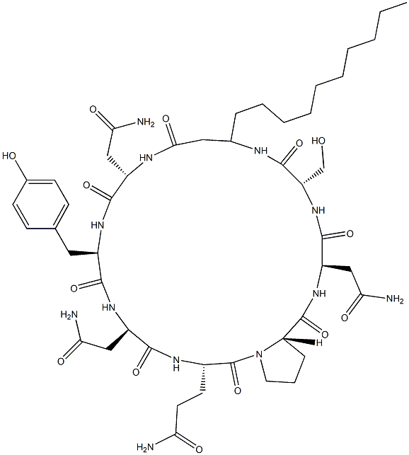 Cyclo[D-Tyr-D-Asp(NH2)-L-Glu(NH2)-L-Pro-D-Asp(NH2)-L-Ser-3-decyl-βAla-L-Asp(NH2)-] Struktur