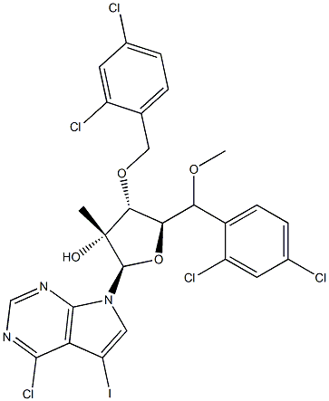 7-[3,5-Bis-O-[(2,4-dichlorophenyl)methyl]-2-C-methyl-beta-D-ribofuranosyl]-4-chloro-5-iodo-7H-pyrrolo[2,3-d]pyrimidine Struktur