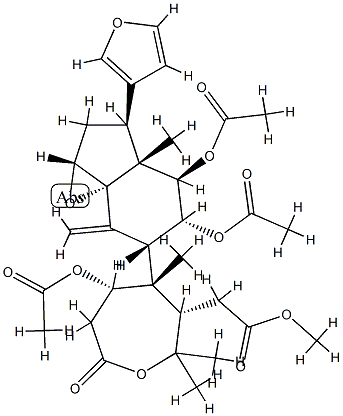 (13α,17α)-1α,11β,12α-Tris(acetyloxy)-14β,15β:21,23-diepoxy-4a,4a-dimethyl-3-oxo-A-homo-24-nor-4-oxa-6,7-seco-5β-chola-7,20,22-triene-6-carboxylic acid methyl ester Struktur