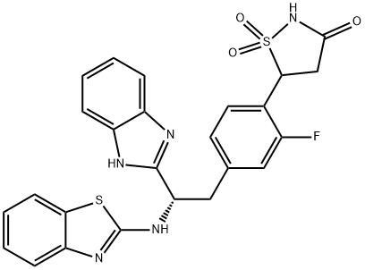 5-[4-[(2S)-2-(1H-Benzimidazol-2-yl)-2-(2-benzothiazolylamino)ethyl]-2-fluorophenyl]-3-isothiazolidinone 1,1-dioxide Struktur