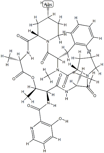 N-[(3-Hydroxy-2-pyridinyl)carbonyl]cyclo[L-Thr*-D-Abu-L-Pro-N-methyl-L-Phe-4α-hydroxy-L-pipecoloyl-L-Ala-] Struktur