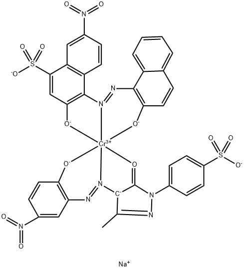 Chromate(3-), [4-[4,5-dihydro-4-[(2-hydroxy-5-nitrophenyl)azo]-3-methyl-5-oxo-1H-pyrazol-1-yl]benzenesulfonato(3-)][3-hydroxy-4-[(2-hydroxy-1-naphthalenyl)azo]-7-nitro-1-naphthalenesulfonato(3-)]-, trisodium Struktur