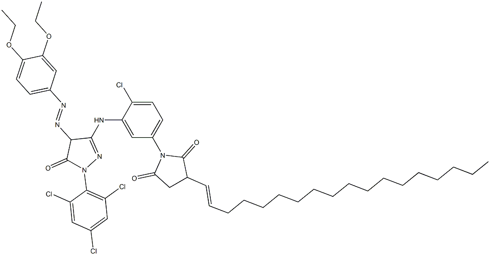 5-Pyrrolidinedione,1-[4-chloro-3-[[4-[(3,4-diethoxyphenyl)azo]-4,5-dihydro-5-oxo-1-(2,4,6-trichlorop2 2,5-Pyrrolidinedione,1-[4-chloro-3-[[4-[(3,4-diethoxyphenyl)azo]-4,5-dihydro-5-oxo-1-(2,4,6-trichlorophenyl)-1H-pyrazol-3-yl]amino]phenyl]-3-(octadecenyl)- Struktur