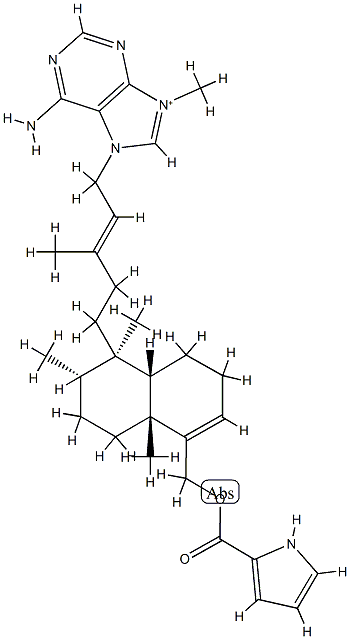 6-Amino-9-methyl-7-[(2E)-5-[(1R)-1,2,3,4,4a,7,8,8aα-octahydro-5-[[(1H-pyrrol-2-yl)carbonyloxy]methyl]-1,2β,4aα-trimethylnaphthalen-1α-yl]-3-methyl-2-pentenyl]-7H-purin-9-ium Struktur