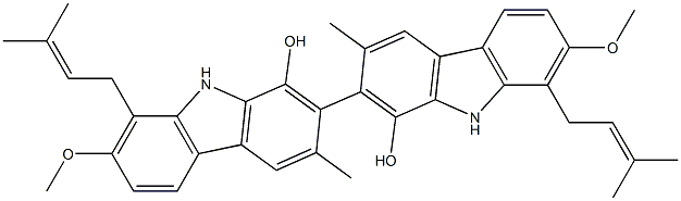 7,7'-Dimethoxy-3,3'-dimethyl-8,8'-bis(3-methyl-2-butenyl)-2,2'-bi[9H-carbazole]-1,1'-diol Struktur