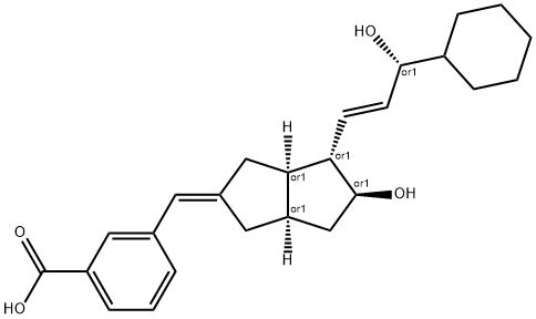 Benzoic acid, 3-((4-(3-cyclohexyl-3-hydroxy-1-propenyl)hexahydro-5-hyd roxy-2(1H)-pentalenylidene)methyl)-, (2E,3aalpha,4alpha(1E,3R*),5beta, 6aalpha)-(+-)- Struktur