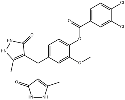 4-[bis(5-hydroxy-3-methyl-1H-pyrazol-4-yl)methyl]-2-methoxyphenyl 3,4-dichlorobenzoate Struktur