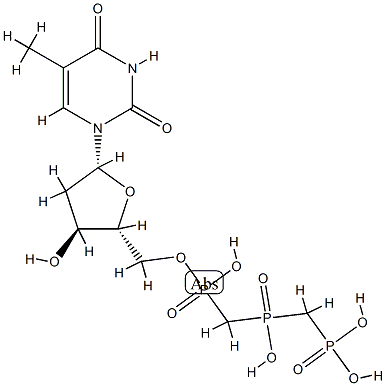 [hydroxy-[[hydroxy-[[(2R,3S,5R)-3-hydroxy-5-(5-methyl-2,4-dioxo-pyrimi din-1-yl)oxolan-2-yl]methoxy]phosphoryl]methyl]phosphoryl]methylphosph onic acid Struktur