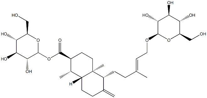 [(1S,8aβ)-Decahydro-1,4aα-dimethyl-6-methylene-5α-[(E)-5-(β-D-glucopyranosyloxy)-3-methyl-3-pentenyl]naphthalene]-2β-carboxylic acid β-D-glucopyranosyl ester Struktur