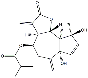 2-Methylpropanoic acid (3aR)-2,3,3aβ,4,5,6,6a,9,9aβ,9bα-decahydro-6aβ,9α-dihydroxy-9β-methyl-3,6-bis(methylene)-2-oxoazuleno[4,5-b]furan-4α-yl ester Struktur