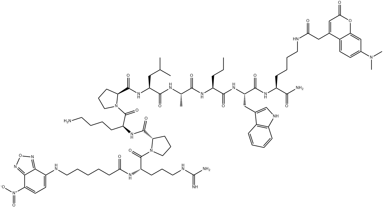 6-(7-Nitro-benzo[2,1,3]oxadiazol-4-ylamino)-hexanoyl-Arg-Pro-Lys-Pro-Leu-Ala-Nva-Trp-Lys(7-dimethylaminocoumarin-4-yl)-NH2 Struktur