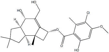 (-)-3-Chloro-6-hydroxy-4-methoxy-2-methylbenzoic acid (2R)-2,4,4aβ,5,6,7,7aβ,7b-octahydro-4β-hydroxy-3-hydroxymethyl-6,6,7bα-trimethyl-1H-cyclobuta[e]indene-2β-yl ester Struktur