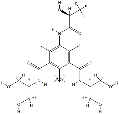 1-N,3-N-bis(1,3-dihydroxypropan-2-yl)-2,4,6-triiodo-5-[[(2S)-3,3,3-trideuterio-2-hydroxypropanoyl]amino]benzene-1,3-dicarboxamide Struktur