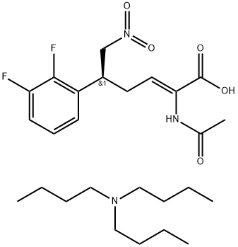 2-Hexenoic acid, 2-(acetylamino)-5-(2,3-difluorophenyl)-6-nitro-, compd. with N,N-dibutyl-1-butanamine (1:1), (2Z,5S)- Struktur