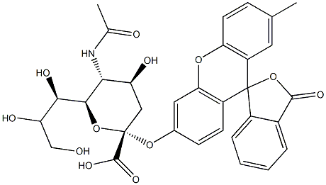 2-methyl-6-(5-acetamido-3,5-dideoxy-alpha-glycero-galacto-nonulopyranosylonic acid)xanthene-9-spiro-1'-isobenzofuran-3'-one Struktur