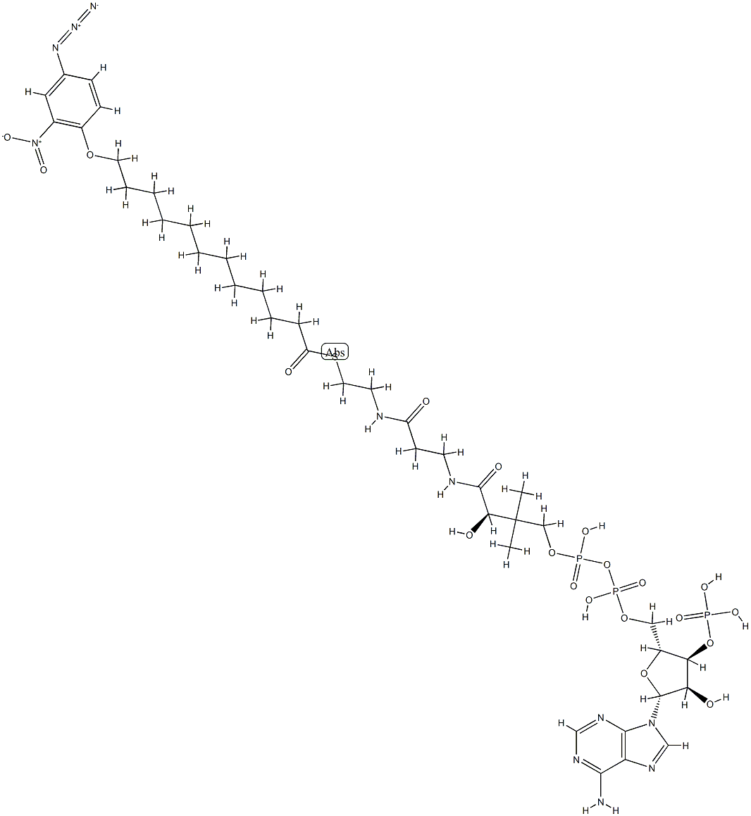 [(2R,3R,4R,5R)-5-(6-aminopurin-9-yl)-2-[[[[(3R)-3-[2-[2-[12-(4-azido-2 -nitro-phenoxy)dodecanoylsulfanyl]ethylcarbamoyl]ethylcarbamoyl]-3-hyd roxy-2,2-dimethyl-propoxy]-hydroxy-phosphoryl]oxy-hydroxy-phosphoryl]o xymethyl]-4-hydroxy-oxolan-3-yl]oxyphosphonic acid Struktur