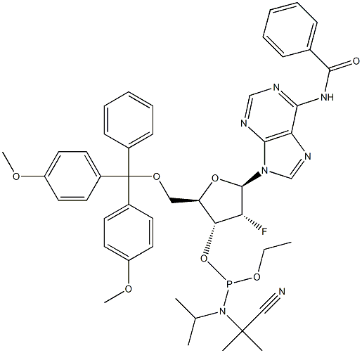 N-Benzoyl-5'-O-[bis(4-methoxyphenyl)phenylmethyl]-2'-deoxy-2'-fluoroadenosine 3'-[2-cyanoethyl N,N-bis(1-methylethyl)phosphoramidite] Structure