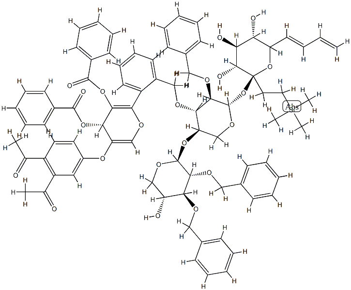 2-(trimethylsilyl)ethyl O-(2,3-di-O-benzylxylopyranosyl)(1-4)-O-(2,3-di-O-benzoylxylopyranosyl)-(1-4)-O-(2,3-di-O-benzylxylopyranosyl)-(1-4)-2,3-di-O-benzoylxylopyranoside Struktur