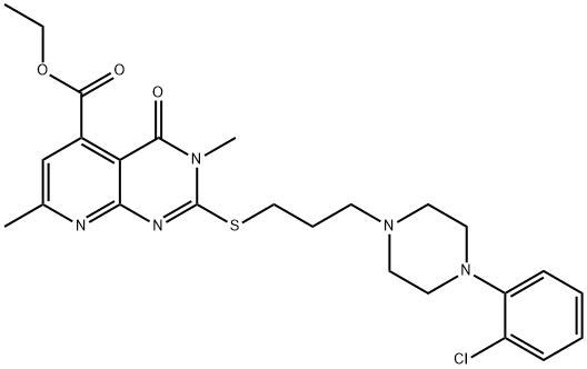 ethyl 9-[3-[4-(2-chlorophenyl)piperazin-1-yl]propylsulfanyl]-3,8-dimet hyl-7-oxo-2,8,10-triazabicyclo[4.4.0]deca-1,3,5,9-tetraene-5-carboxyla te Struktur