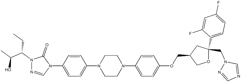 D-threo-Pentitol, 2,5-anhydro-1,3,4-trideoxy-2-C-(2,4-difluorophenyl)- 4-((4-(4-(4-(1-((1S,2S)-1-etyl-2-hydroxypropyl)-1,5-dihydro-5-oxo-4H-1 ,2,4-triazol-4-yl)phenyl)-1-piperazinyl)phenoxy)methyl)-1-(1H-1,2,4-tr iazol-1-yl)- Struktur