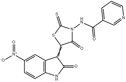 N-(5-{5-nitro-2-oxo-1,2-dihydro-3H-indol-3-ylidene}-4-oxo-2-thioxo-1,3-thiazolidin-3-yl)nicotinamide Struktur