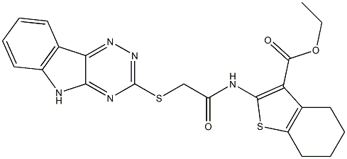 ethyl 2-{[(5H-[1,2,4]triazino[5,6-b]indol-3-ylsulfanyl)acetyl]amino}-4,5,6,7-tetrahydro-1-benzothiophene-3-carboxylate Struktur