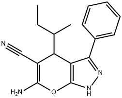 6-amino-4-sec-butyl-3-phenyl-1,4-dihydropyrano[2,3-c]pyrazole-5-carbonitrile Struktur