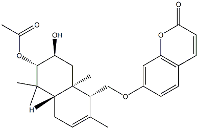 (-)-7-[[(1R)-6α-Acetoxy-1,4,4aβ,5,6,7,8,8a-octahydro-7β-hydroxy-2,5,5,8aα-tetramethylnaphthalene-1α-yl]methoxy]-2H-1-benzopyran-2-one Struktur