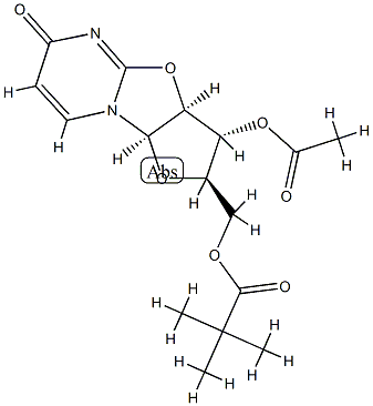 2,2-Dimethylpropionic acid [(2R)-3β-acetoxy-2,3,3aβ,9aβ-tetrahydro-6-oxo-6H-furo[2',3':4,5]oxazolo[3,2-a]pyrimidin-2α-yl]methyl ester Struktur