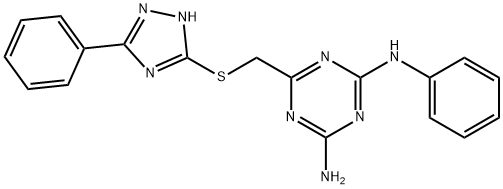 N~2~-phenyl-6-{[(5-phenyl-4H-1,2,4-triazol-3-yl)sulfanyl]methyl}-1,3,5-triazine-2,4-diamine Struktur