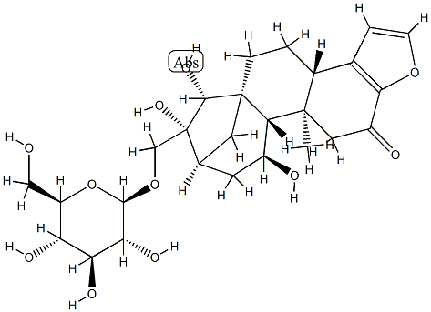 (3bS,7R)-7-[(β-D-Glucopyranosyloxy)methyl]-4,5,6,7,8,9,10,10aα,10b,11-decahydro-6β,7,10α-trihydroxy-10bβ-methyl-5aβ,8β-methano-5aH-cyclohepta[5,6]naphtho[2,1-b]furan-12(3bH)-one Struktur