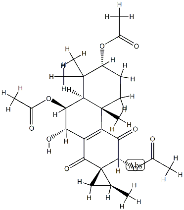 (2S,1S,3'R,4'bS,7'R,8'aR,9'S,10'S)-3',7',9'-Triacetoxy-4'b,5',6',7',8',8'a,9',10'-octahydro-10'-hydroxy-2,4'b,8',8'-tetramethylspiro[cyclopropane-1,2'(1'H)-phenanthrene]-1',4'(3'H)-dione Struktur