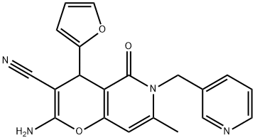 2-amino-4-(2-furyl)-7-methyl-5-oxo-6-(3-pyridinylmethyl)-5,6-dihydro-4H-pyrano[3,2-c]pyridine-3-carbonitrile Struktur