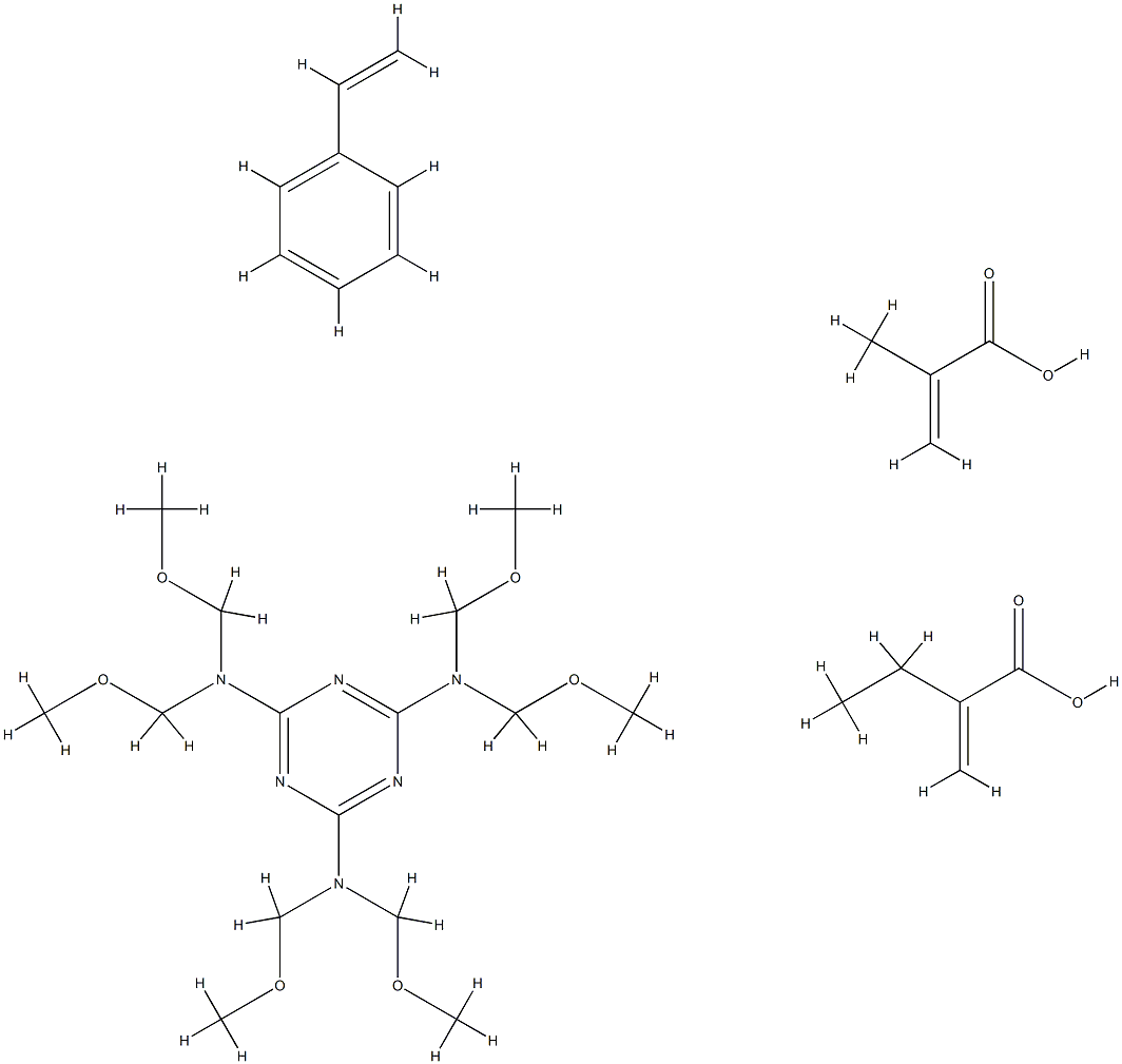 2-Propenoic acid, 2-methyl-, polymer with ethenylbenzene, ethyl 2-propenoate and N,N,N',N',N'',N''-hexakis( methoxymethyl)-1,3,5-triazine-2,4,6-triamine Struktur