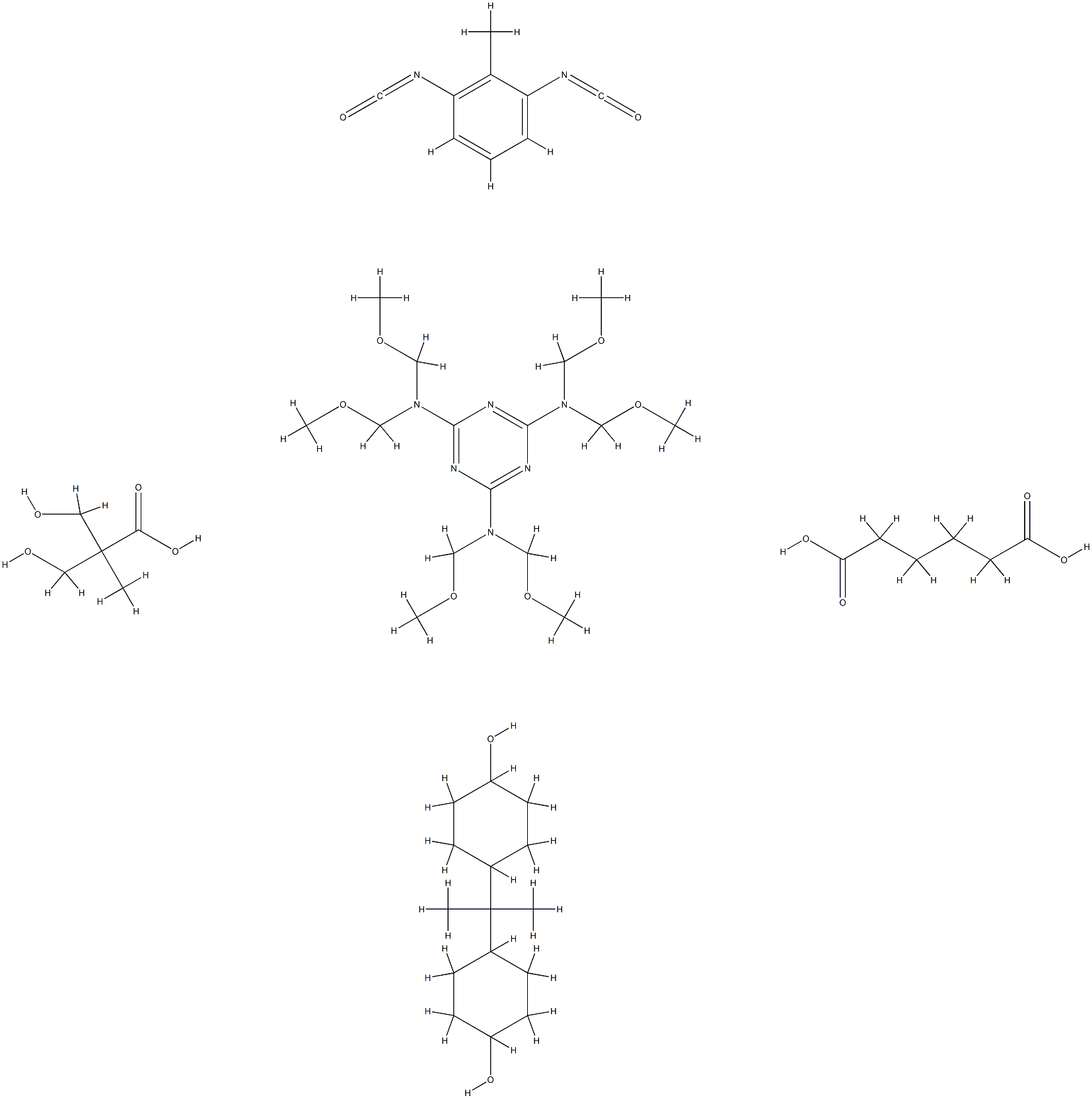 Hexanedioic acid, polymer with 1,3-diisocyanatomethylbenzene, N,N,N',N',N'',N''-hexakis( methoxymethyl)-1,3,5-triazine-2,4,6-triamine, 3-hydroxy-2-(hydroxymethyl)-2-methylpropanoic acid and 4,4'-(1-methylethylidene)bis[cyclohexanol] Struktur