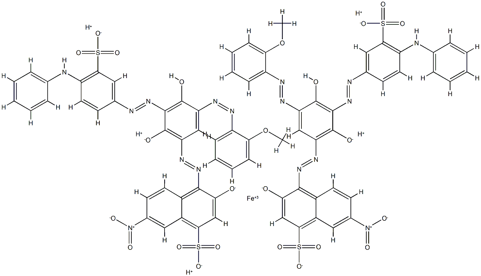 pentahydrogen bis[4-[[2,4-dihydroxy-5-[(2-methoxyphenyl)azo]-3-[[4-(phenylamino)-3-sulphophenyl]azo]phenyl]azo]-3-hydroxy-7-nitronaphthalene-1-sulphonato(4-)]ferrate(5-) Struktur