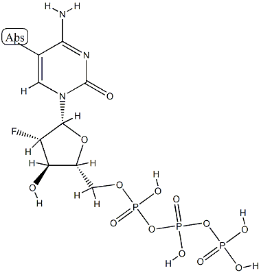 4-Amino-1-(2-deoxy-2-fluoro-5-O-(hydroxy((hydroxy(phosphonooxy)phosphi nyl)oxy)phosphinyl)-beta-D-arabinofuranosyl)-5-iodo-2(1H)-pyrimidinone Struktur