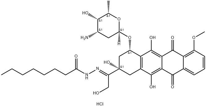 Octanoic acid, [1-[4-[(3-amino-2,3, 6-trideoxy-.alpha.-L-lyxo-hexopyra nosyl)oxy]-1,2,3,4,6, 11-hexahydro-2,5,12-trihydroxy-7-methoxy-6, 11-d ioxo-2-naphthacenyl]-2-hydroxyethylidene]hydrazide, monohydrochloride Struktur