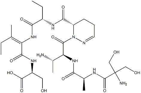 N-[(E)-2-[[[(6S)-1-[(3S)-N-(2-Hydroxymethyl Ser-L-Ala-)-3-amino-L-Abu-]-1,4,5,6-tetrahydropyridazin-6-yl]carbonyl-L-Abu-]amino]-3-methyl-2-pentenoyl]-L-Ser-OH Struktur