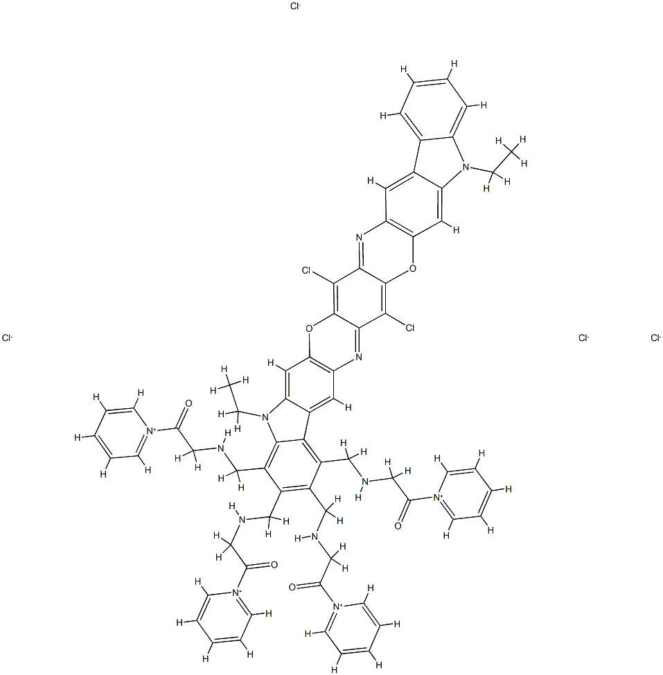 1,1',1'',1'''-[(8,18-dichloro-5,15-diethyl-5,15-dihydrodiindolo[3,2-b:3',2'-m]triphenodioxazinetetrayl)tetrakis[methyleneimino(2-oxoethylene)]]tetrapyridinium tetrachloride  Struktur