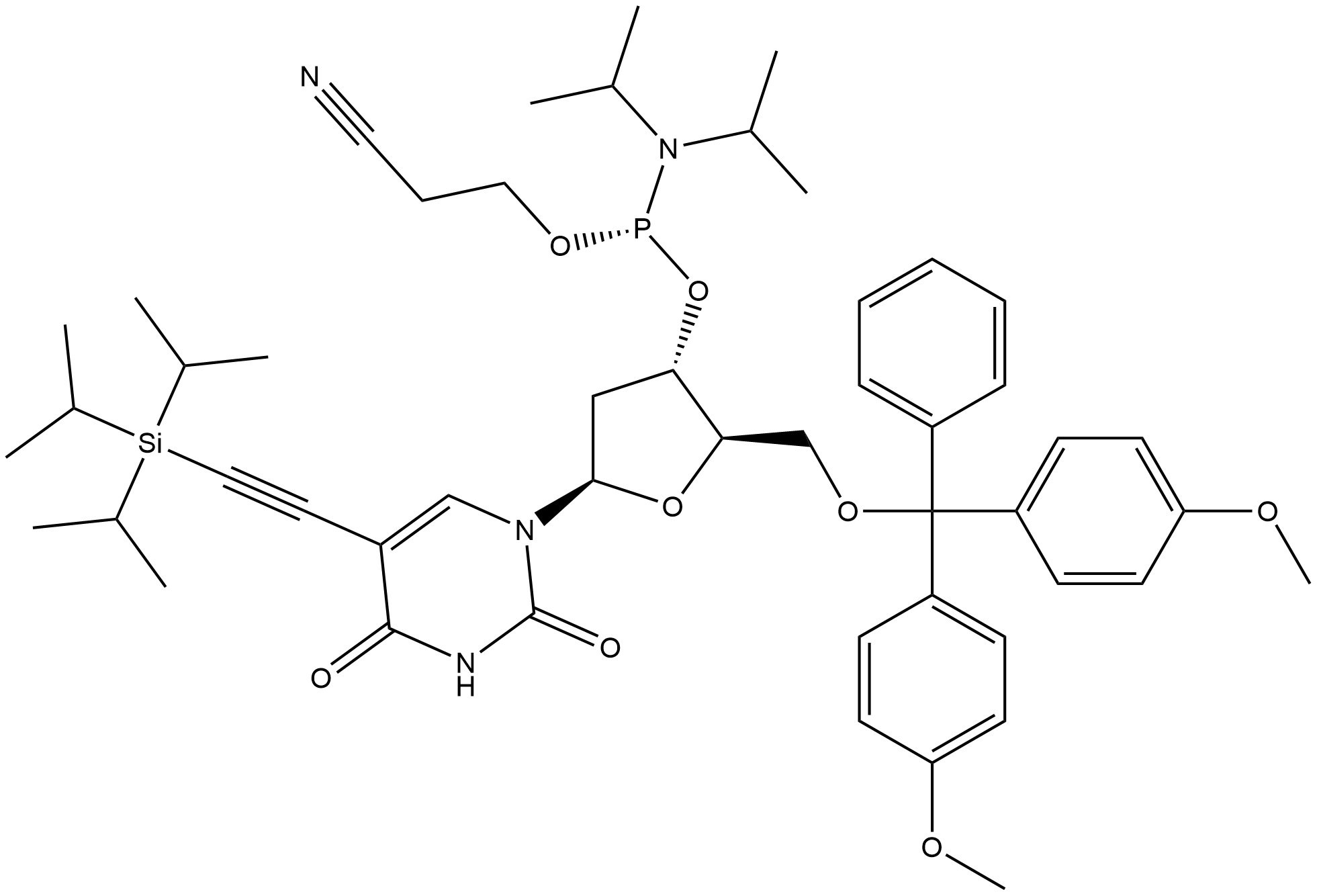 1-(2-deoxy-5-O-(4,4′-dimethoxytrityl)-β-D-erythro-pentofuranosyl)-5-(triisopropylsilylethynyl)uracil 3'-(2-cyanoethyl)-N,N-diisopropylphosphoramidite Struktur