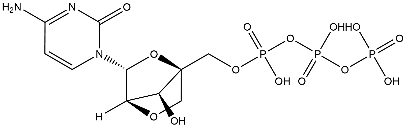 2(1H)-Pyrimidinone, 4-amino-1-[2,5-anhydro-4-C-(3,5,7,7-tetrahydroxy-3,5,7-trioxido-2,4,6-trioxa-3,5,7-triphosphahept-1-yl)-α-L-lyxofuranosyl]- (9CI, ACI) Struktur