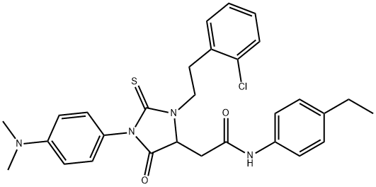 2-{3-[2-(2-chlorophenyl)ethyl]-1-[4-(dimethylamino)phenyl]-5-oxo-2-thioxo-4-imidazolidinyl}-N-(4-ethylphenyl)acetamide Struktur